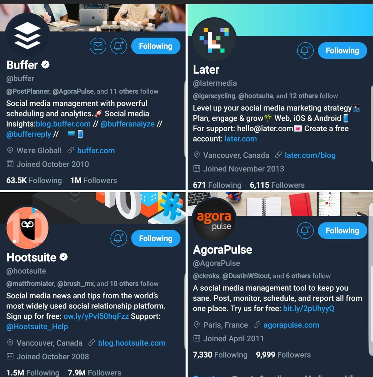 sidehustlcreate's tweet photo. Twitter Version:
Narrowing down social media scheduling apps to these 4
@buffer @hootsuite @latermedia @agorapulse Maybe one of them will chime in to sell us on why we should go with their service. #socialmediascheduling #scheduler #buffer #hoosuite #latermedia #agorapulse https://t.co/fvHg1Vle8m