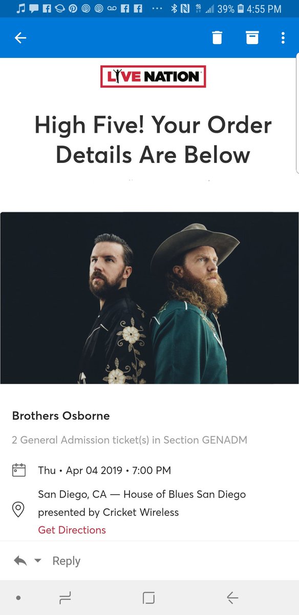 nayastar3's tweet photo. Been on standby for these tickets! Something like our 10th @brothersosborne show! #lovetheseguys @Nannerlicious26 @HOBSanDiego #enteringM&amp;G 🤞 https://t.co/0uBdvEhVZU