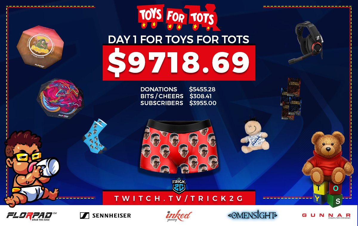 Day 2 for @ToysForTots_USA going on now. Lots of giveaways from @SennheiserGamer @InkedPlaymats @OfficialFlorpad @SpearheadMtl and many more #ForTheKids http://twitch.tv/trick2g