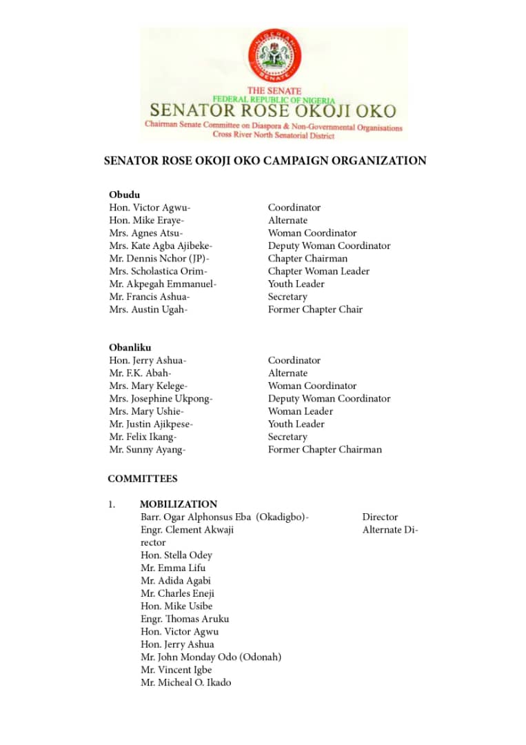 rose__oko's tweet photo. Congratulations to the underlisted names to my Campaign Council for Cross River State Northern Senatorial District 2019 general elections. I have no doubts on your capacities, let's work together to consolidates on this feat we have achieved. Thank you. https://t.co/6Pf4wyGgKQ