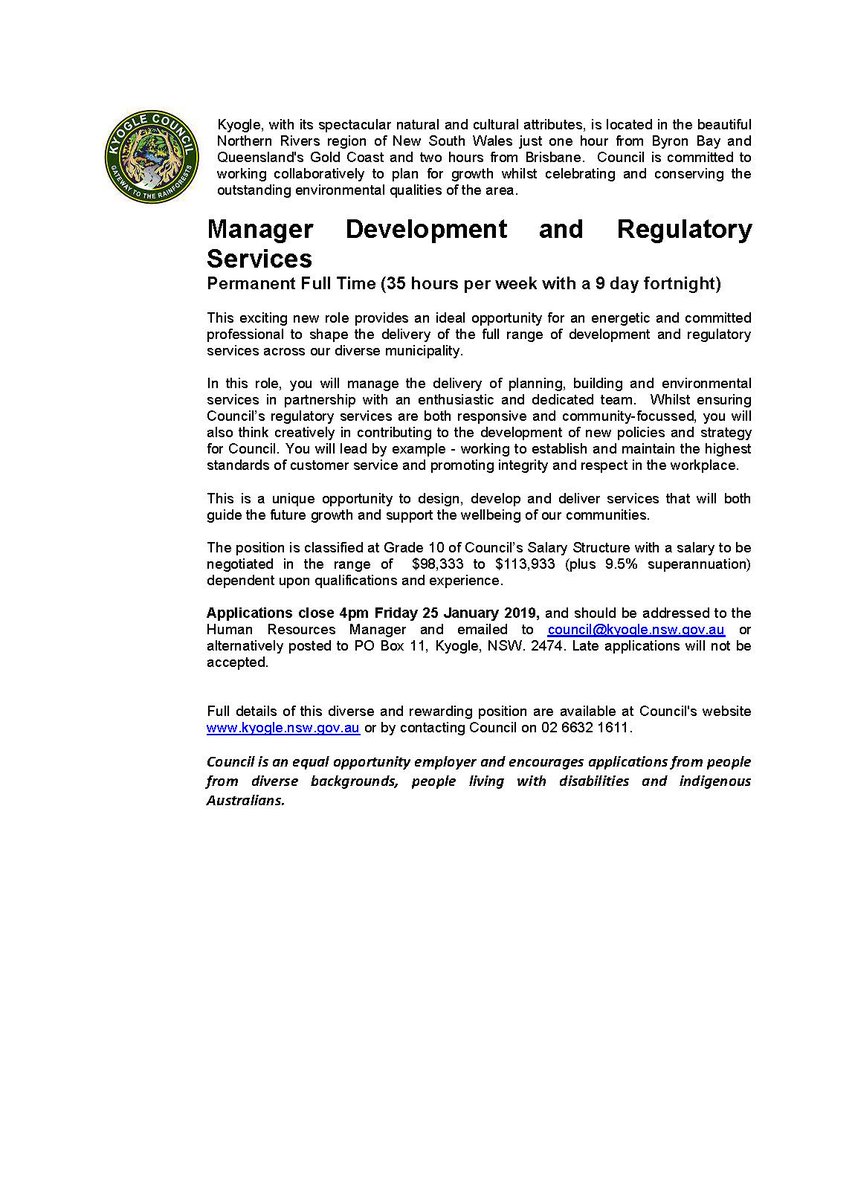 Council is looking to recruit a Manager Development and Regulatory Services. This is a new role  and council is looking for an energetic and committed professional to shape the delivery of the full range of development and regulatory services across the LGA. #kyoglejobs