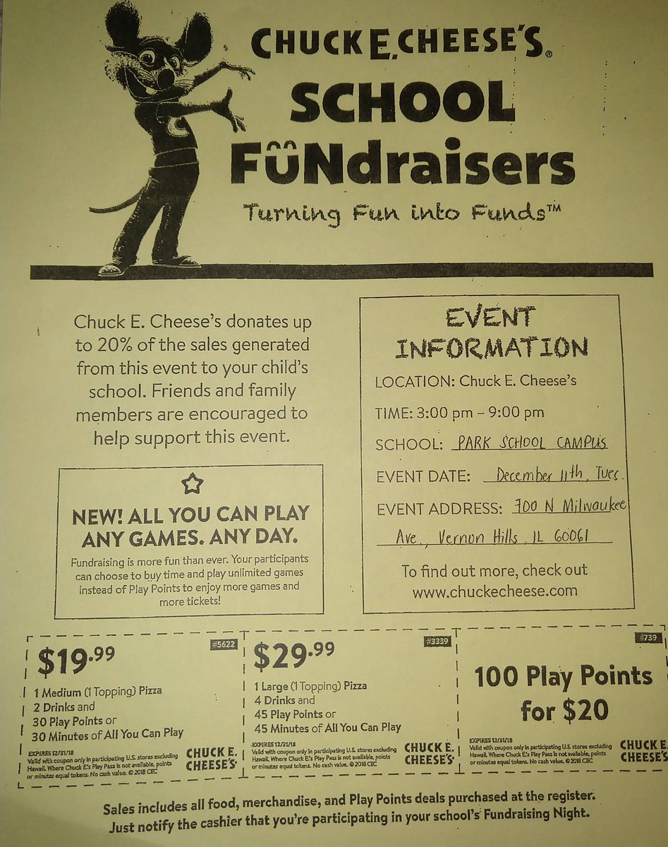 ParkCampusPTO's tweet photo. Our Chuck E Cheese (Vernon Hills) Dine Out Night is this Tuesday, Dec. 11th from 3-9 pm! It will be a lot of fun!!! You can play games, eat pizza, and hang out with friends. Our school will get 20% of the sales. Come join the fun! https://t.co/6LEvPadE5K