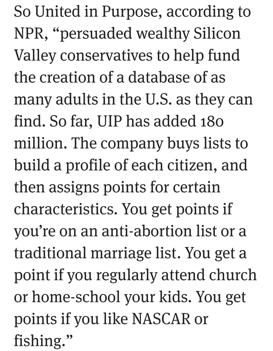 Dallas is also President of United in Purpose. NPR in Feb 2012: UiP “persuaded wealthy Silicon Valley conservatives to help fund the creation of a database of as many adults in the U.S. as they can find. So far, UIP has added 180 million."UiP has a point-system (see pic). /28