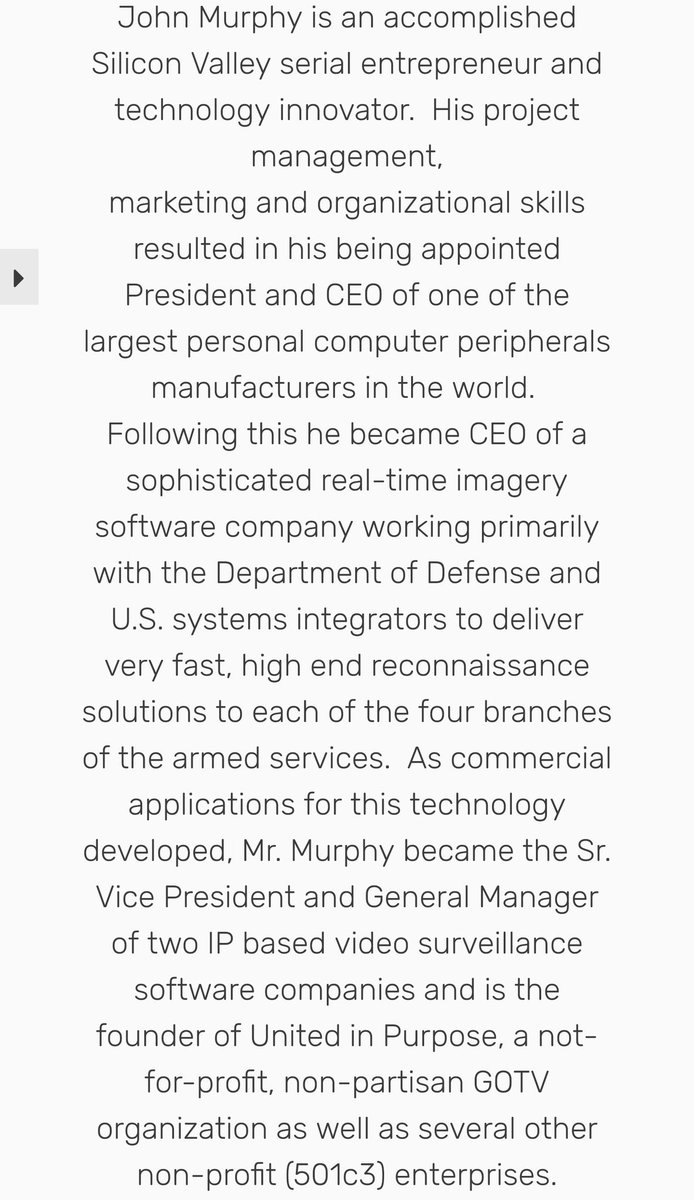 Notably, Murphy "became CEO of a sophisticated real-time imagery software company working primarily with the Department of Defense and U.S. systems integrators to deliver very fast, high end reconnaissance solutions to each of the four branches of the armed services." /39