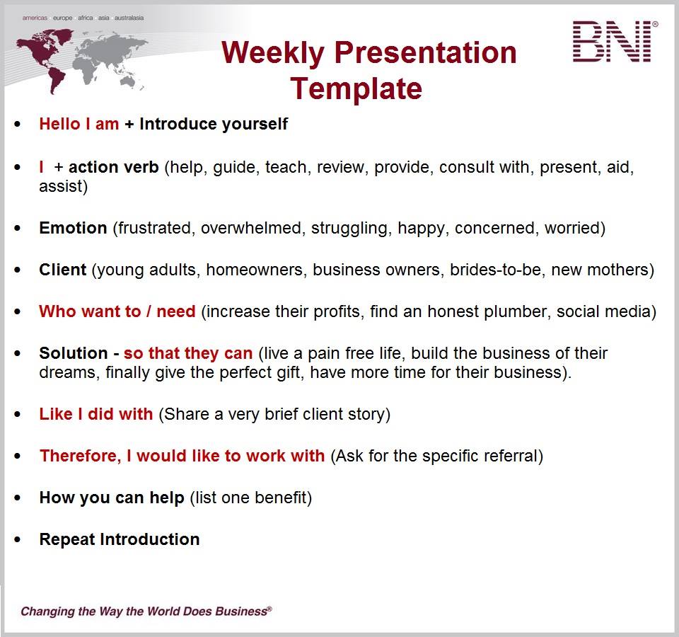 IvanMisner's tweet image. Effective Weekly Presentations

At each BNI meeting we get time to describe to our chapter colleagues and visitors who we are, what we do and what is our perfect referrals. 

Please use this template to create a different specific presentation each week.
