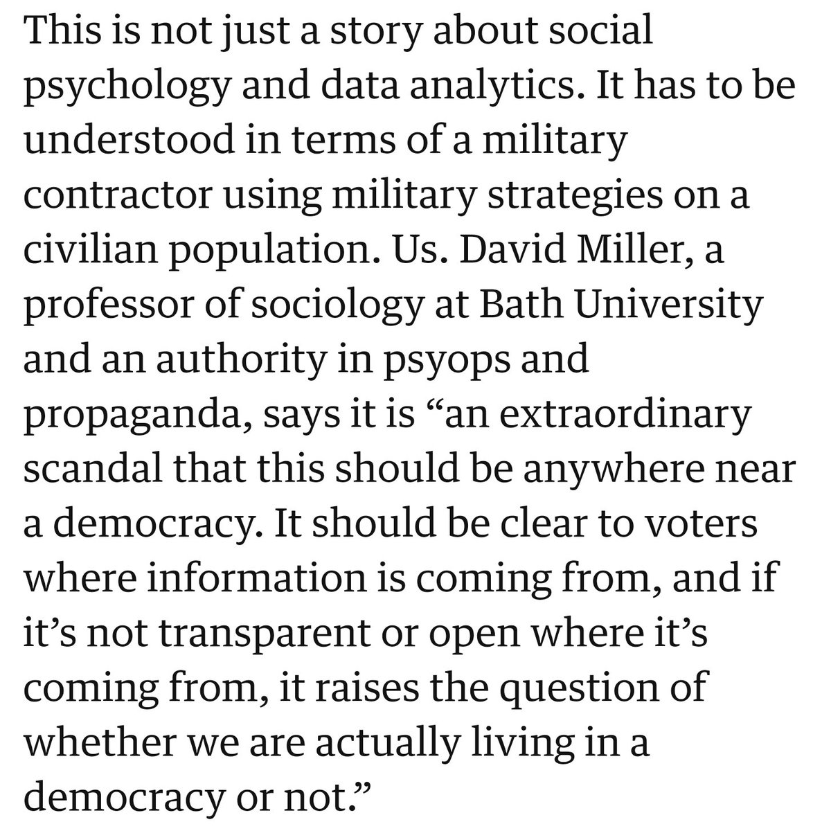 Particularly, this quote:"This is not just a story about social psychology and data analytics. It has to be understood in terms of a military contractor using military strategies on a civilian population. Us." /41