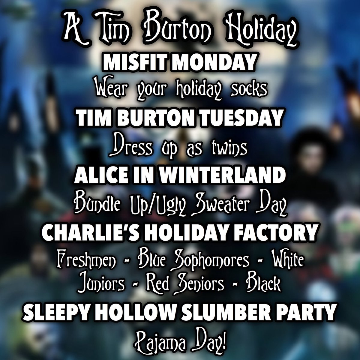 Guess what time it is Titans, Winter Spirit Week! We hope you’re excited to experience a Tim Burton Holiday!! 🖤 Monday will be Misfit Monday, Tuesday will be Tim Burton Tuesday and so on! #EastTechTitans #ECTAStuCo
