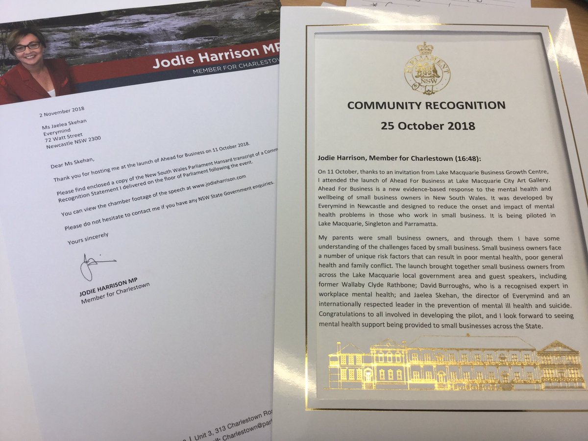 Wow, this arrived in the post today from @JodieH_MP - A Community Recognition for @EverymindAU and our partner following the activation of #AheadforBusiness in Lake Macquarie. Great to have your support for #mentalhealth and for #smallbusiness. <a href="/icareNSW/">icare NSW</a>