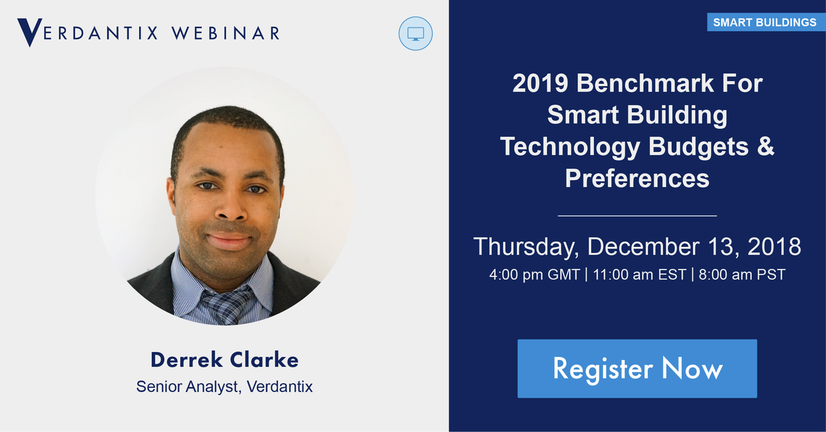 Verdantix's tweet photo. If you are interested in finding out about 2019 #SmartBuilding Technology Budgets and Preferences, register for our upcoming #webinar: https://t.co/7O6g7CkaES https://t.co/Fp1pNk6KXJ