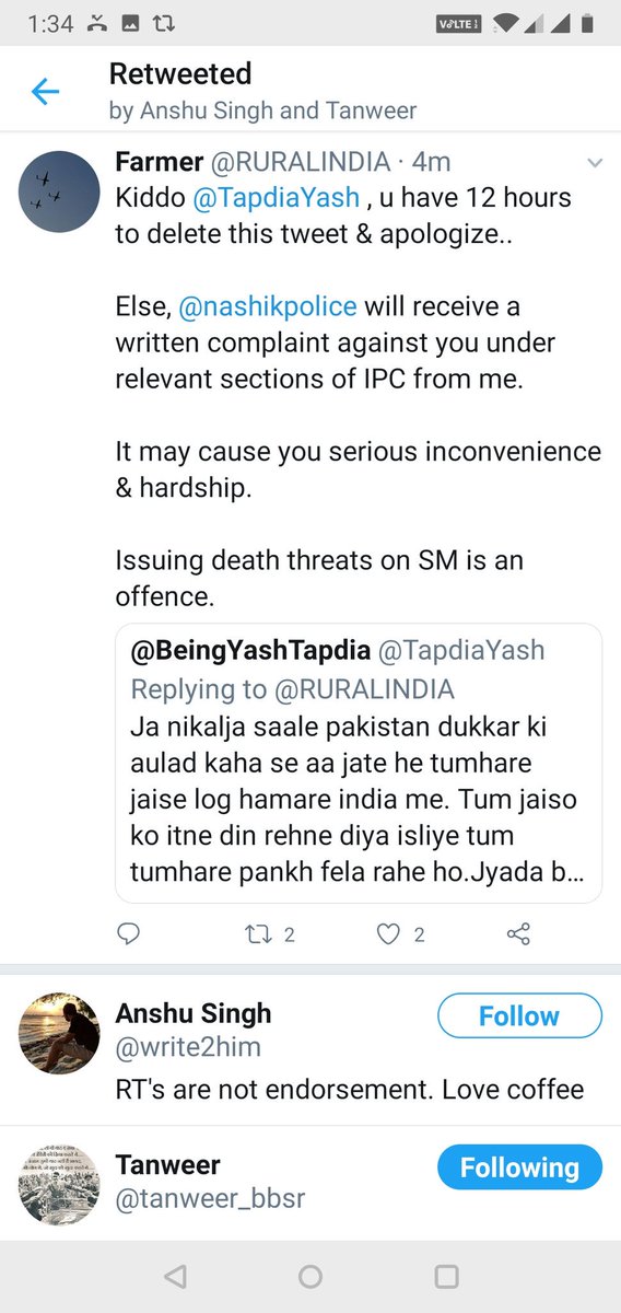 RURALINDIA's tweet photo. So this happened : 
Pic 1 :A young Hindutva / Mandir wahi banayenge type hurls abuses &amp; death threats.

Pic 2: I warn him.

Pic 3 : The bravery is all gone.

Pic 4 : Bravely, I forgave him. https://t.co/RdMzdrfbJV
