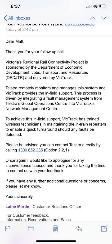 MattKR100's tweet photo. @VLine @thecattery @vline_geelong @Telstra @VicTrack_Vic @Optus Are you REALLY looking into it? Your customer resolutions team have no idea about it... and asked me to call a number which is for technicians https://t.co/kqqF5lWx7T