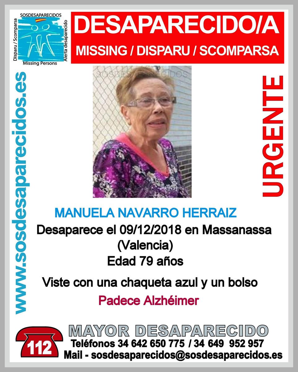 🆘#MUYURGENTE⚠️ 

Seguimos buscando a Manuela, una #mayor que padece #Alzheimer y ha #desaparecido en Massanassa #Valencia

Si la has visto llámanos
 ☎062 
 ☎112 

Tu RT no cuesta nada y puede ayudar mucho