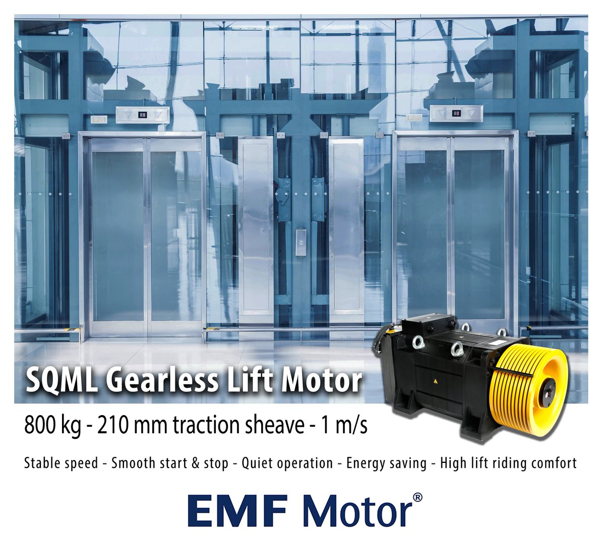 emfmotor's tweet image. SQML Gearless Lift Motor 
800 kg - 210 mm traction sheave - 1 m/s
- Stable Speed
- Smooth start &amp;amp; stop
- Quiet operation
- Energy saving
- High lift riding comfort
#TheMostEfficientMotor #elevatormotor #liftmotor #Interlift2019