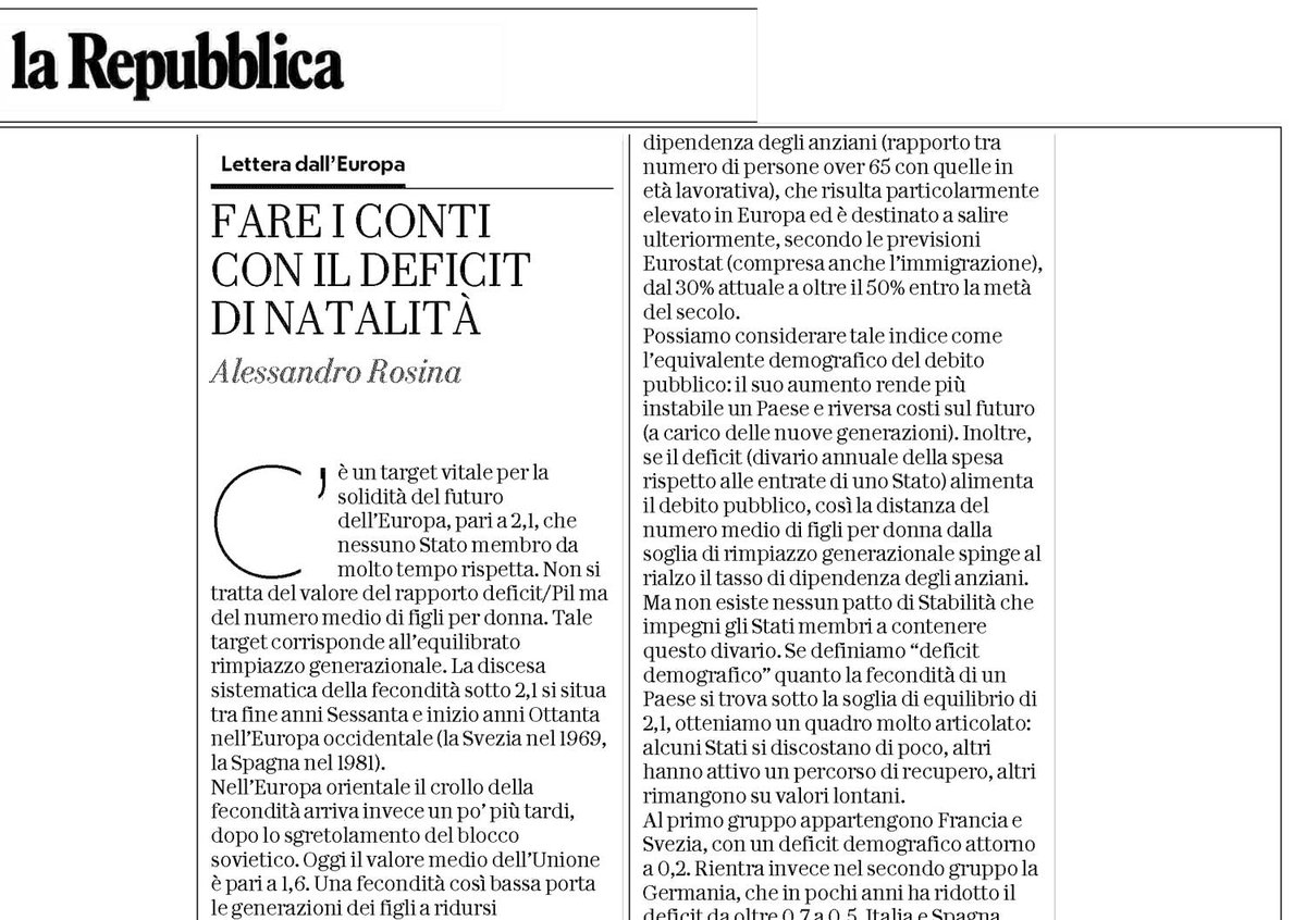 C’è un target vitale per il futuro dell’#Europa, pari a 2,1. Non è il rapporto deficit/pil ma il numero medio di figli per donna. Oltre a garantire l’equilibrio tra generazioni, serve a tenere in equilibrio gli stessi #contipubblici. Il prof <a href="/AleRosina68/">Alessandro Rosina</a> su <a href="/repubblica/">Repubblica</a>