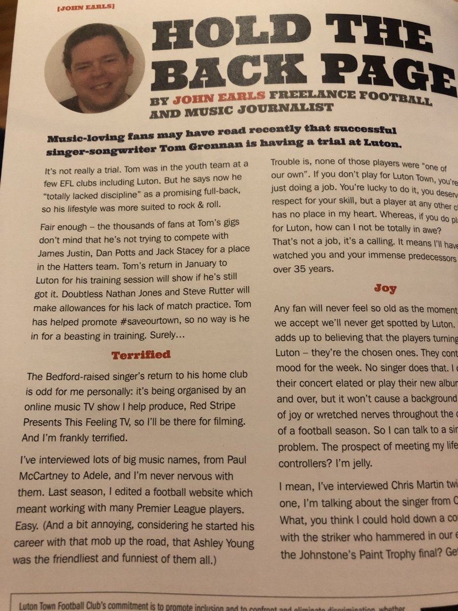 .<a href="/Tom_Grennan/">Tom Grennan</a> in the <a href="/LutonTown/">Luton Town FC</a> programme (trial's soon!) plus <a href="/lacunabloome/">Lacuna Bloome</a> <a href="/The_Surrenders/">THE SURRENDERS</a> and @TomLumleyMusic on the pre match play-list before stuffing <a href="/Joey7Barton/">Joey Barton</a>'s mob 2-0.  

Gonna have to get TF going in Luton!