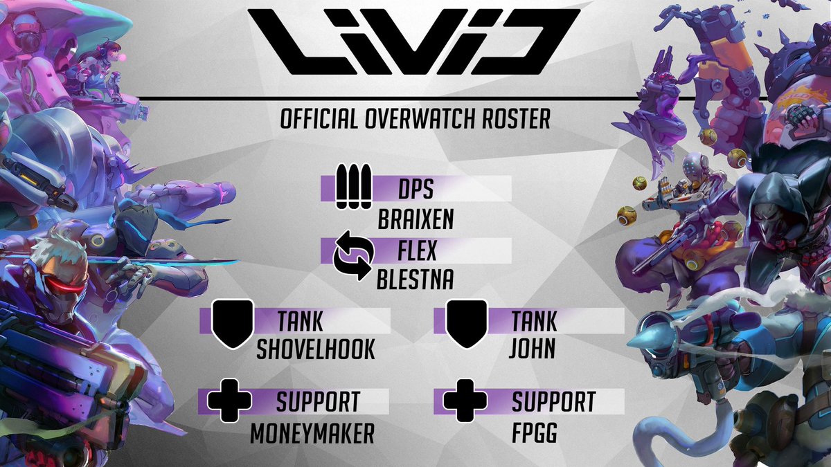 LiViDGG's tweet photo. Here is our Official Overwatch Roster! Give them a warm welcome to the Livid family. @MoneyMakerTrist @ShovelhookMTL @BlestNa @ShyBraixen  @FPGG19 !!! https://t.co/2FoyE0Cj96