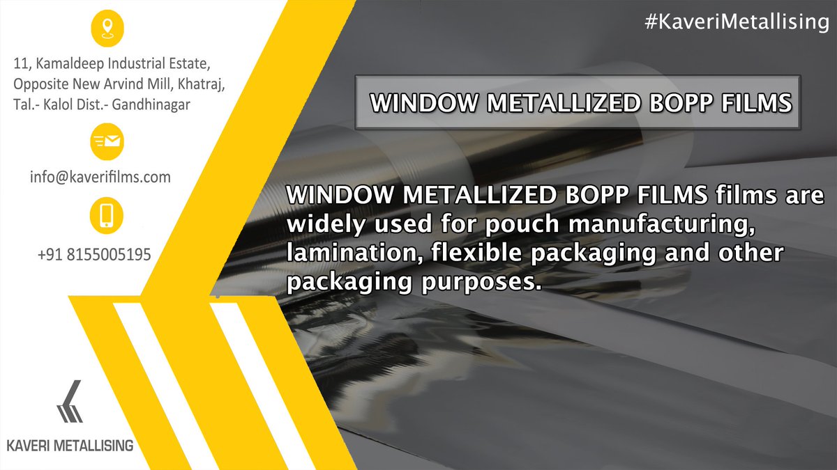 KaveriMetallis1's tweet photo. #WINDOWMETALLIZEDBOPPFILMS #films are widely used for #pouch #manufacturing, #lamination, #flexiblepackaging and other #packagingpurposes  #StripeMetallizing #PartialMetallizing  #DeMetallizingfilms #Polyester #Bopp #CPP #LDPE #HolographicFilms 
https://t.co/tQ6n824qbt https://t.co/Qzc5MQBjKK