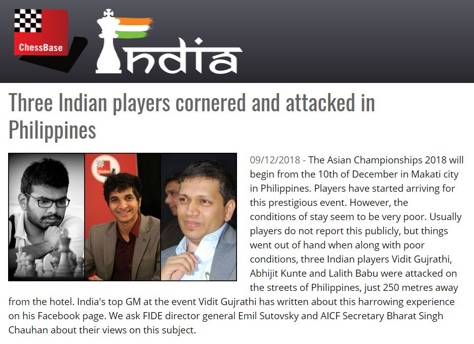RezaMahdipour's tweet photo. Three Indian players cornered and attacked in Philippines https://t.co/1AxSzSKXSG #ACC2018 #FIDE #ACF https://t.co/XMH49yC8L6