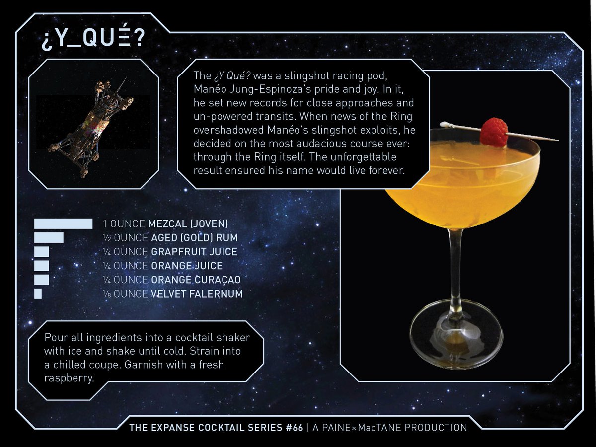 Expanse Cocktail #66: ¿Y Qué?. Manéo Jung-Espinoza's slingshot pod, in which he set new records for close approaches and un-powered transits. Manéo's final course through the Ring itself ensured his name would live forever. 1 oz joven mezcal, ½ oz aged rum, ¼ oz orange juice, ¼ oz grapefruit juice, ¼ oz orange curaçao, ⅛ oz velvet falernum. Shake all ingredients w/ice, strain into chilled coupe. Raspberry garnish.