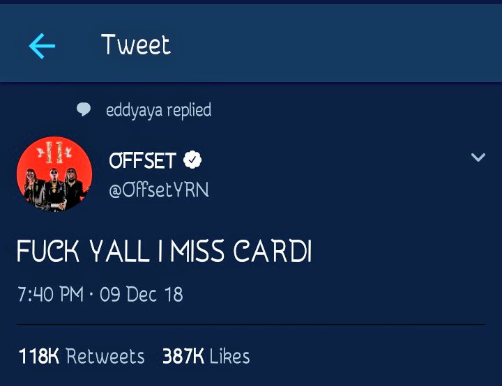 deberriewoman's tweet photo. American Rapper Offset, misses Cardi B 
After their breakup.
#Castroltv #CardiB #Offset #enews #celebgist #celebnews #hollywood #music #vevo #entertainmentnews #Entertainmentnews #CardiB https://t.co/T9BVf9ndsN