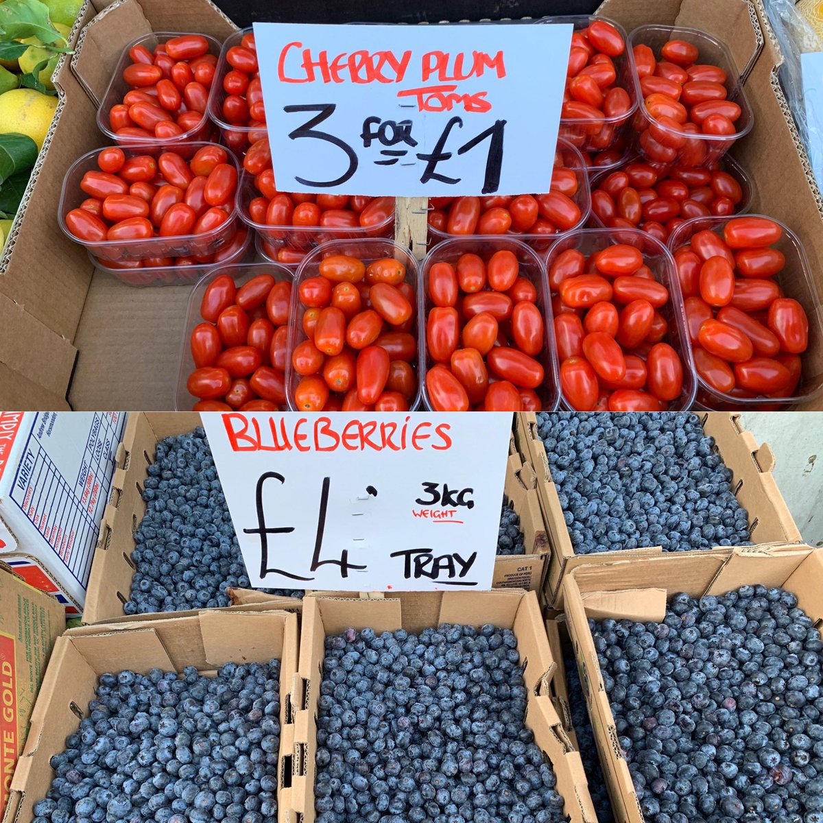 #Joblot alert! 3kg boxes of #blueberries for a crazy £4 and some lovely little #cherryplum tomatoes 3 punnets for £1 !! #wigig #shoplocal #juice #healthyfood #greengrocer #teamtottenham #holcombemarket #friendliestmarketinlondon