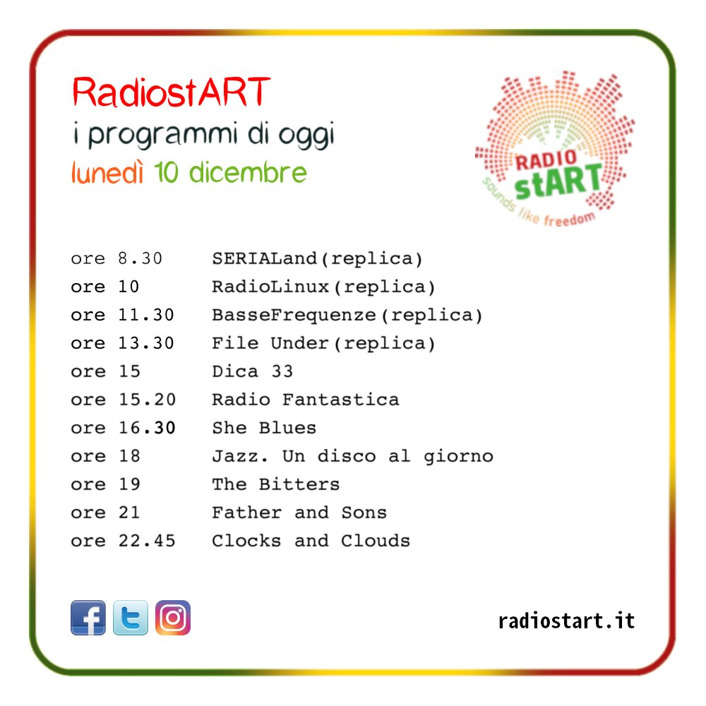 ArtRadiost's tweet photo. RadiostART. i programmi di lunedì 10 dicembre
ascolta RadiostART su https://t.co/6mVaFd0kyi o con TuneIn

#RadiostART #Programmi #Podcast #Dica33 #RadioFantastica #SheBlues #jazzundiscoalgiorno #TheBitters #FatherandSons #ClocksandClouds #Radio #Musica #Lunedì #10Dicembre https://t.co/BWBMKwTypm