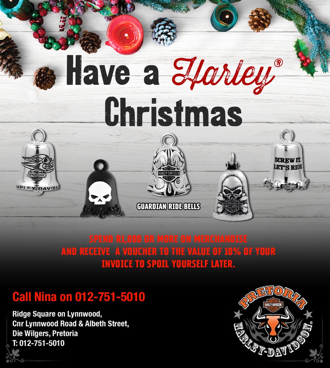 OWN THE HOLIDAYS - Harley Style! Have you started your Christmas shopping yet? Why not pop into Pretoria Harley! #pretoriaharley #christmasgifts #giftideas #harleydavidson #guardianbells