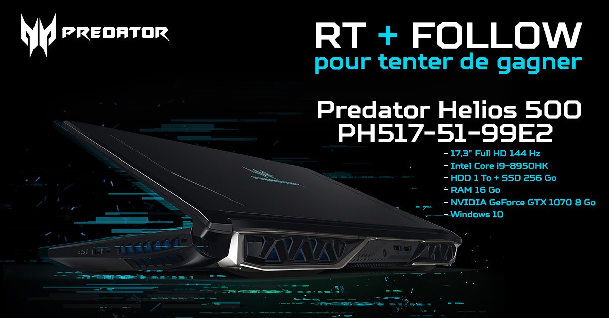 materielnet's tweet photo. 🎁 JEU CONCOURS 🎁 

Tentez de gagner un PC portable Helios 500 de #PredatorGaming !
Pour participer 👉 RT + Follow @materielnet et @PredatorFrance

📃 Règlement ➡ https://t.co/NetFuHUSrM
🎰 TAS : 26/12/2018 https://t.co/P2sLGGbgQa