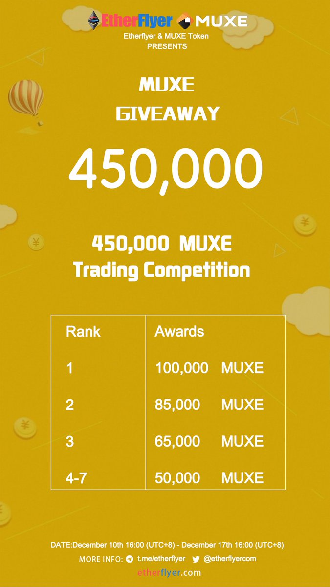 450,000 MUXE Giveaway: MUXE Trading competition <a href="/MUXEproject/">MUXE - The INNOVATIVE PLATFORM</a> From December10th 16:00(UTC+8) - December 17th 16:00(UTC+8)  More info:etherflyer.zendesk.com/hc/en-us/artic…