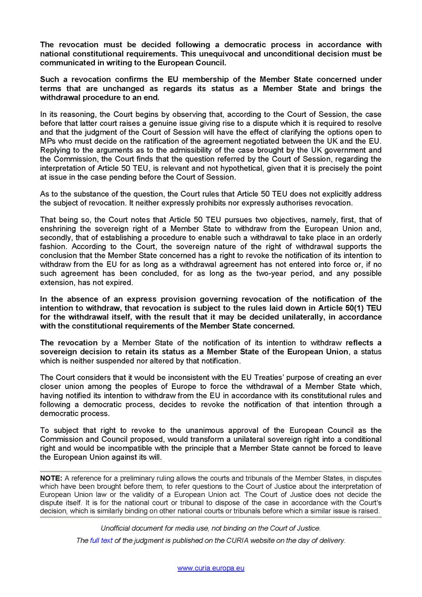 EUCourtPress's tweet image. #ECJ: UK is free to unilaterally revoke the notification of its intention to withdraw from the EU – Case C-621/18 Wightman #Brexit