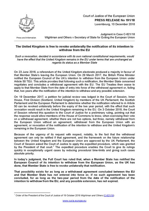 ECJ Press Release C-621/18 Wightman