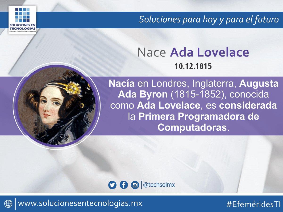 techsolmx's tweet photo. Un día como hoy (10/12/1815): Nacía en Londres, Inglaterra, Augusta Ada Byron (1815-1852), conocida como Ada Lovelace, es considerada la Primera Programadora de Computadoras. #SolucionesenTecnologías #EfeméridesTI #AugustaAdaByron #AdaLovelace #PrimeraProgramadora https://t.co/3om3OkMC5j