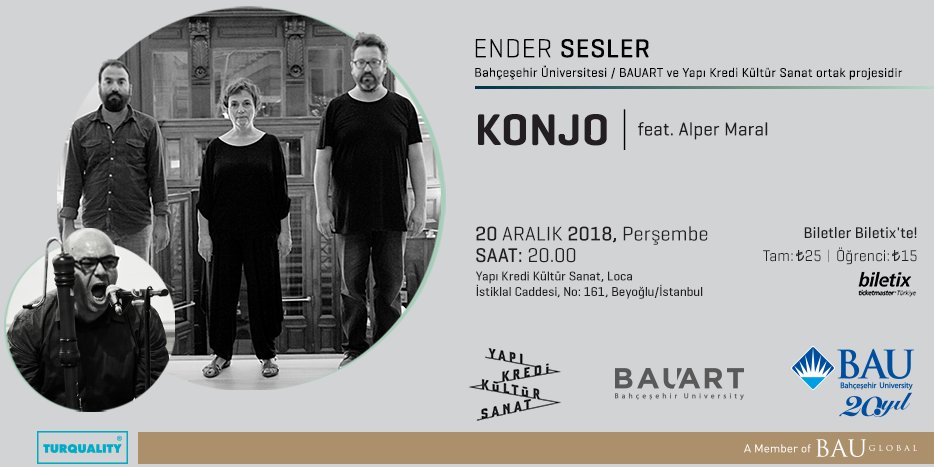 BAUSanat's tweet photo. Şevket Akıncı, Orçun Baştürk ve Sumru Ağıryürüyen'in oluşturduğu KONJO, Ender Sesler kapsamında ALPER MARAL ile birlikte 20 Aralık Perşembe saat 20:00'de Yapı Kredi Kültür Sanat - Loca sahnesinde!
#EnderSesler #YapıKrediKültürSanat #BAUART #Konjo #AlperMaral https://t.co/m3f4VYjxi5