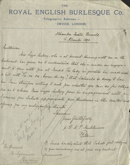 Today's #Advent image is a letter dated 16 November 1892 sent to #Brighton Aquarium. It asked for Lizzie Aubrey to be released from her #Christmas contract due to success on the Continent with the Royal English Burlesque Company. 'Quite impossible' was the reply! <a href="/SEALIFEBrighton/">SEA LIFE Brighton</a>