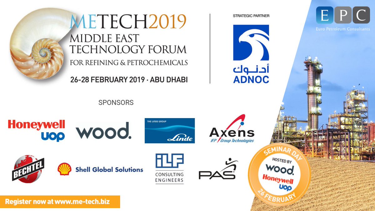EuroPetro's tweet photo. We are delighted to announce @AdnocGroup as the Strategic Partner of #METECH2019 this February in #AbuDhabi; Sponsored by @HoneywellUOP, @Woodplc, @The_Linde_Group, @AxensGroup, @Bechtel, #ShellGlobalSolutions, #ILFConsultingEngineers & @PASGlobal.
Visit https://t.co/1otJ29ZY0n https://t.co/eAyF6VopCH