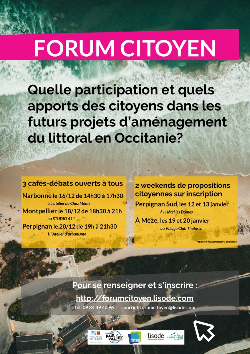L'actualité nous invite à repenser vite et #collectivement les places que devraient prendre les #citoyens dans les décisions publiques... Faisons-le pour le projets d'aménagement du #littoral! RDV à #Montpellier, #Narbonne et #Perpignan pour en discuter.