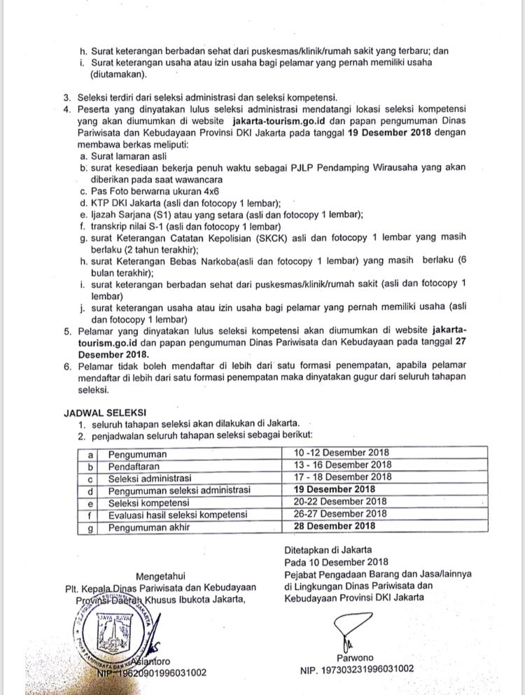 DisparbudDKI's tweet photo. Lowongan Terbuka PJLP (Penyedia Jasa Lainnya Orang Perorangan) Pendamping Wirausaha
Jadilah bagian dari penciptaan wirausaha baru di DKI Jakarta dengan menjadi PJLP Pendamping Wirausaha untuk tahun 2019 dengan jumlah formasi sebanyak 8 orang.

#disparbuddki https://t.co/8Yua8vM7CF