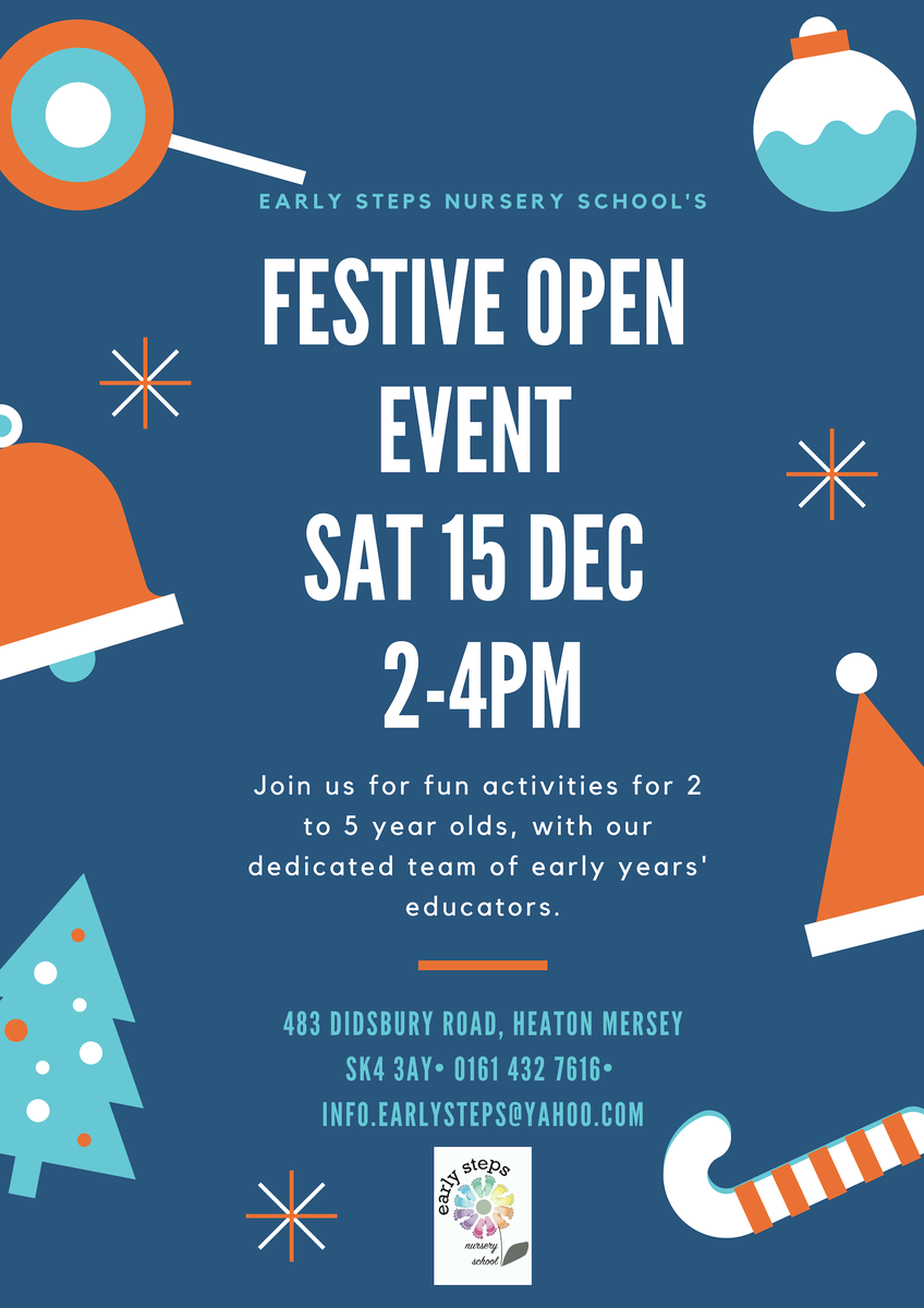 EarlyNursery's tweet photo. If your little one isn't enthusing about what they're learning at nursery each day, then why not consider #EarlyStepsNurserySchool 483 Didsbury Rd, SK43AY? We have our FESTIVE OPEN EVENT this SATURDAY 15 DECEMBER, 2-4PM for children aged  #2to5 JOIN US or #BookAVisit  01614327616 https://t.co/JIyxcP10sY