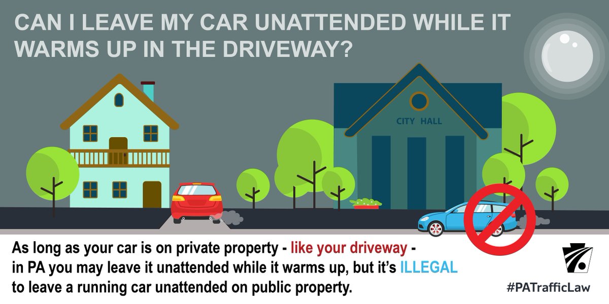 PennDOTNews's tweet photo. CAN I LEAVE MY CAR UNATTENDED
WHILE IT WARMS UP IN THE DRIVEWAY? 🚗❄️

As long as your car is on private property – like your driveway – In PA you may leave it unattended while it warms up, but it’s illegal to leave a running car unattended on public property. #PATrafficLaw https://t.co/I3IUBjO3um