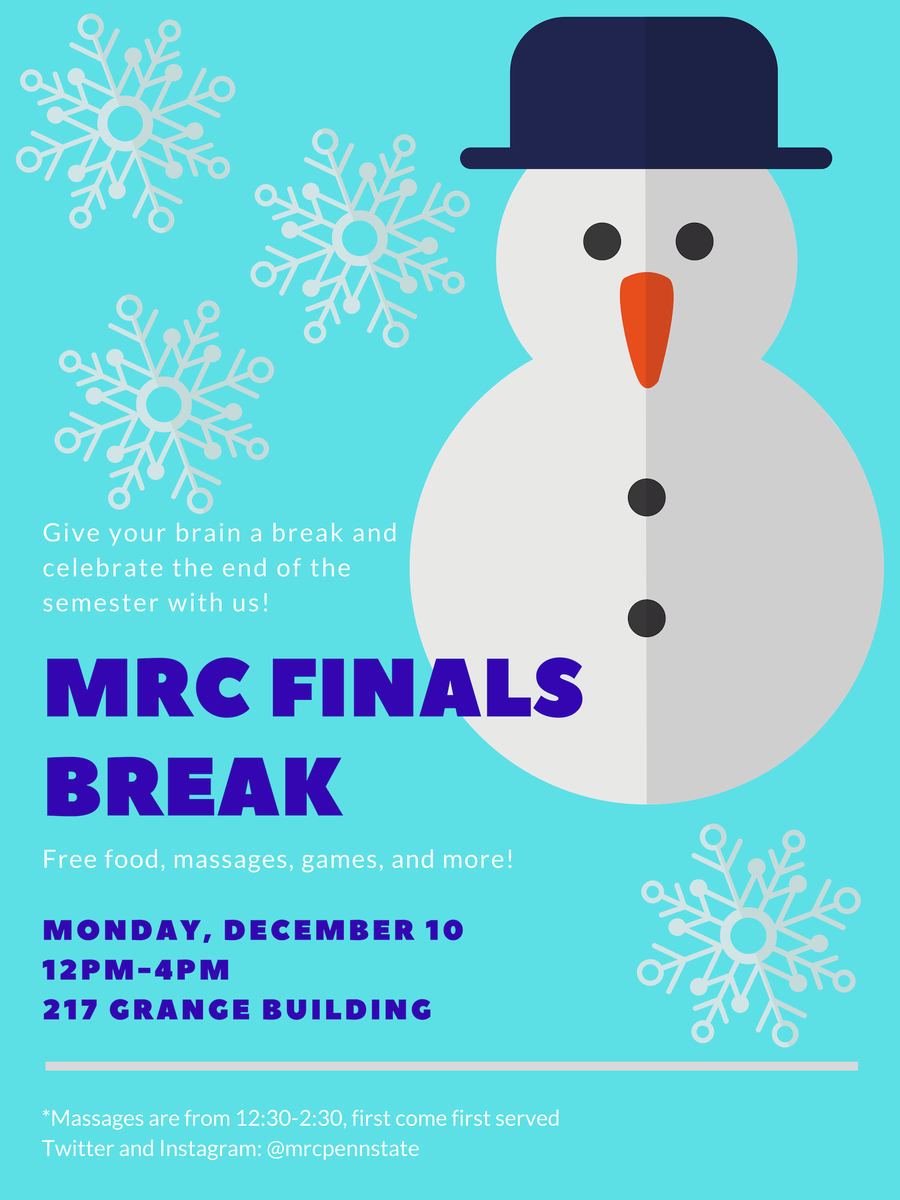 MRCpennstate's tweet photo. Happy Finals Week everyone! Don't forget the MRC is having our Finals Break TODAY from 12-4pm in 217 Grange. Come early to sign up for free massages and stick around for pizza and games! See you soon! https://t.co/kNKO0cSnpG
