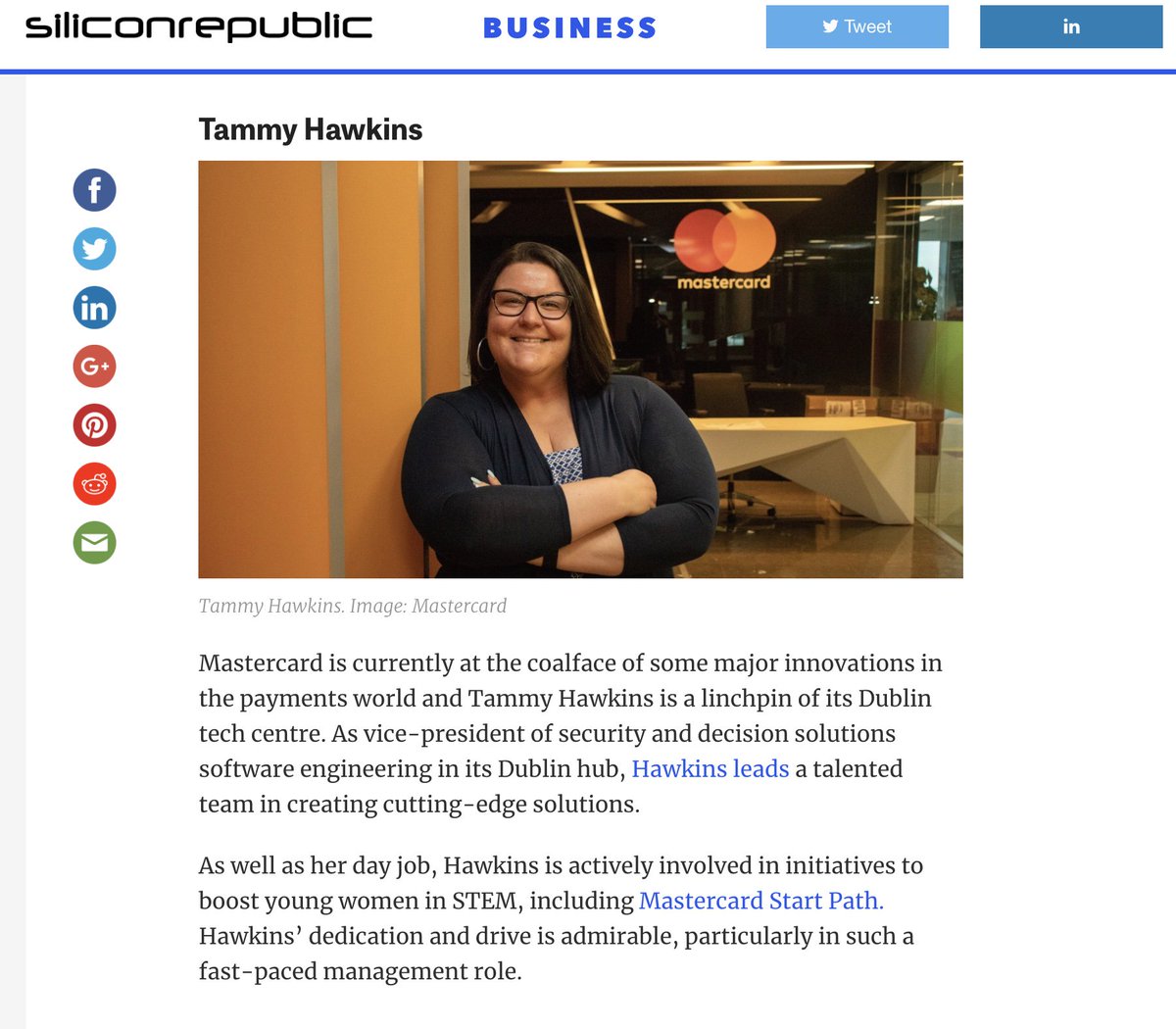 iammobilebob's tweet image. Brilliant recognition for @Mastercard @HawkinsTammy -- one of @siliconrepublic&apos;s 30 #SciTech100 leaders to watch in 2019!  siliconrepublic.com/companies/sci-… #MCEmployee