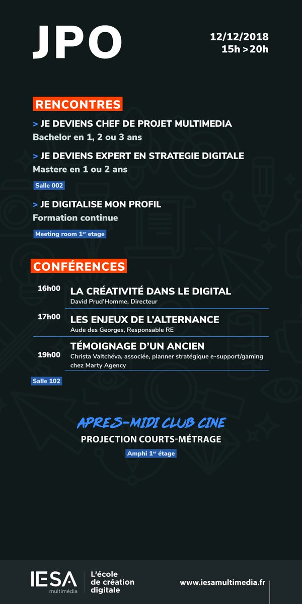 digitalcampusdc's tweet photo. Nous ouvrons ce mercredi 12 décembre nos portes de 15h à 20h au 19 rue Voltaire, 75011 Paris Métro L9 Rue des Boulets. Venez échanger sur toutes les formations en compagnie des étudaints et de l'équipe ! #JPOiesammd #bachelorweb #strategiedigitale https://t.co/CfPd0gXZkm
