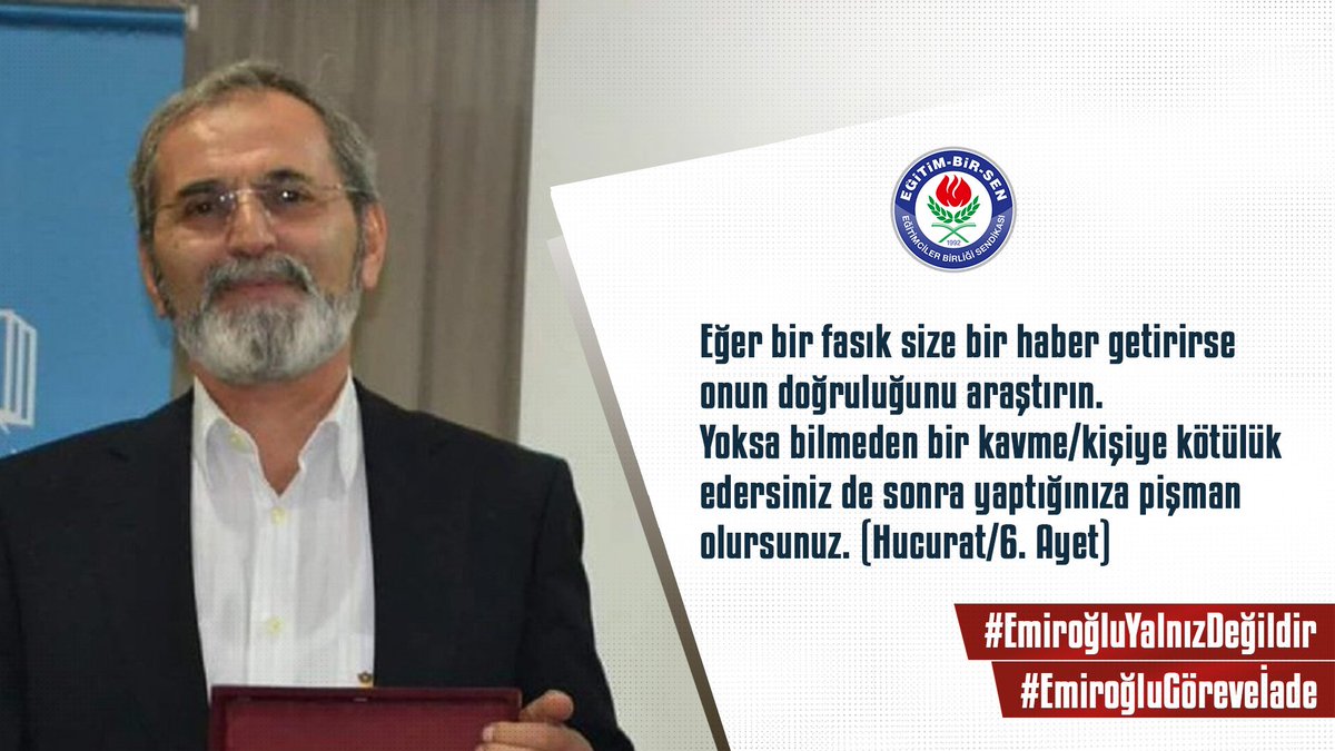Eğer bir fasık size bir haber getirirse onun doğruluğunu araştırın. Yoksa bilmeden bir kavme/kişiye kötülük edersiniz de sonra yaptığınıza pişman olursunuz. (Hucurat/6. Ayet)
#EmiroğluYalnızDeğildir
#EmiroğluGöreveİade

<a href="/universitemDEU/">Dokuz Eylül Üniversitesi</a> <a href="/hotar_nukhet/">Prof. Dr. Nükhet Hotar</a>
