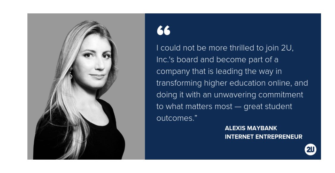 I’m proud to share that @2UInc (NASDAQ: TWOU) has appointed me as its newest board member. The board is now one of the most diverse in corporate America and on the Russell 1,000. 2U is transforming higher education for students across the globe.#NoBackRow  twou.co/amaybank
