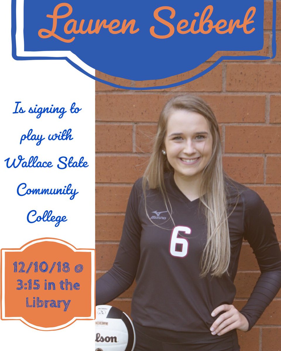 tatehighvolley1's tweet photo. Come out and support senior Lauren Seibert as she signs to Wallace State in the Library after school! 🧡💙 https://t.co/I7FwAS1gbN