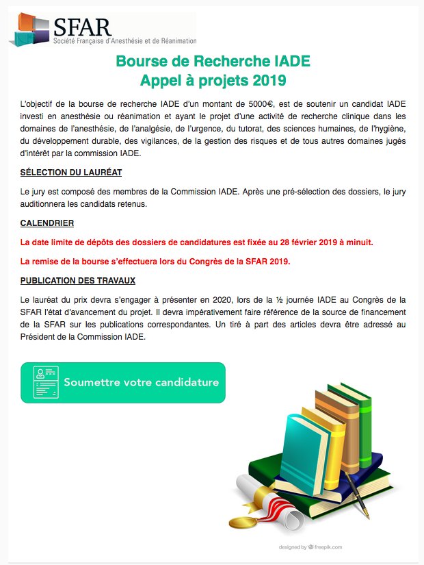 Appel à Projets 2019
BOURSE DE RECHERCHE – IADE SFAR; sfar.org/paramedicaux/b…