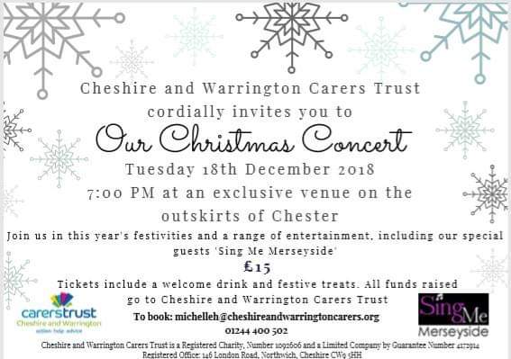 Christmas Concert to support Cheshire and Warrington Carers Trust, event open all. Call 01244 400502 to book.
@BrightMemories7 @HealthwatchCW @CitAdviceCW @standardchester @DIALWCheshire @TheElmsMC @GardenLaneMC @NorthgateMC @NGVSurgery @BluecoatChester @ChesterVol