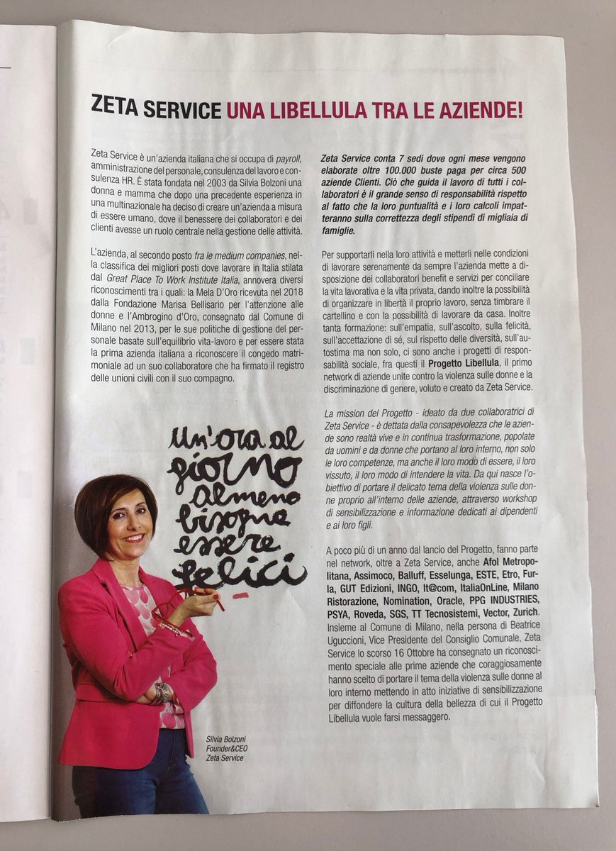 zs_zetaservice's tweet photo. Iniziamo la settimana con un nuovo articolo da leggere!
Su “Avanti donne”, inserto del @sole24ore realizzato dalla @FondBellisario, la storia di #ZetaService: una libellula tra le aziende!
#BeZeta #ProgettoLibellula https://t.co/fi63xp8AiC