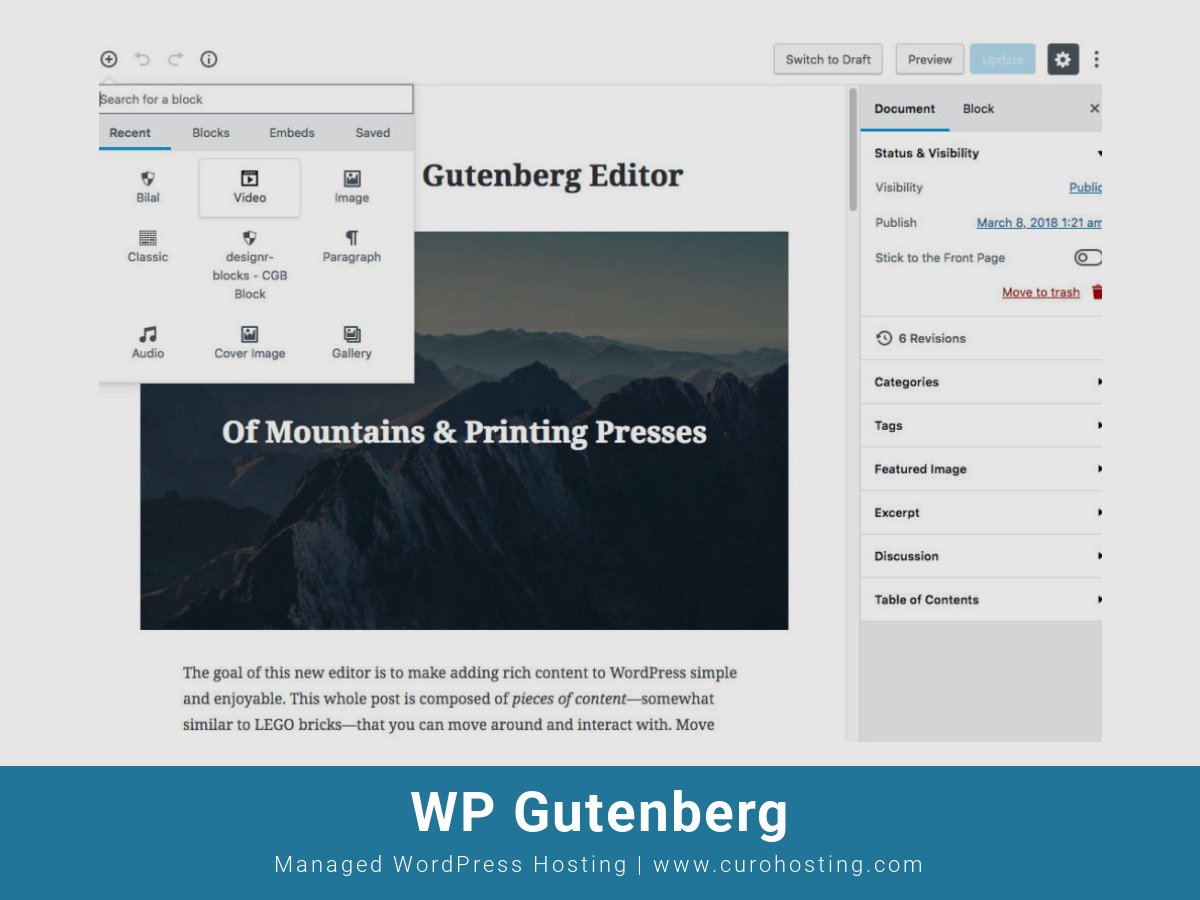 CuroHosting's tweet photo. WordPress 5.0 #Bebo has finally been unveiled, complete with the new #GutenbergEditor. For those of you who have'nt downloaded the Gutenberg plugin here is our guide to getting up to speed with the editors key features. https://t.co/QmdCnfTABI #WordPress #ManagedWP #Gutenberg #WP https://t.co/OvX2XRoRY4