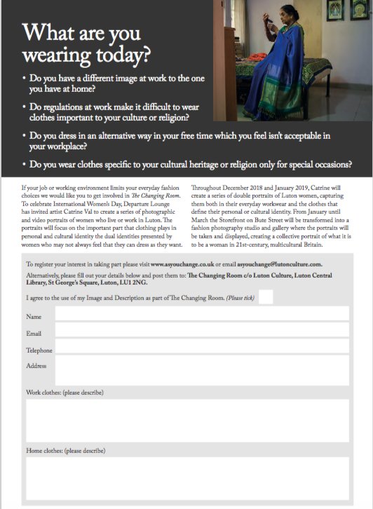 Your clothes tell a story. Why not share your story through photography. #AsYouChange &amp; @LoungeLuton are looking for women to take part in <a href="/catrineval/">catrineval</a> project #TheChangingRoom . To take part, please click on the link for the short application form > > > ow.ly/SKTB30mTY84